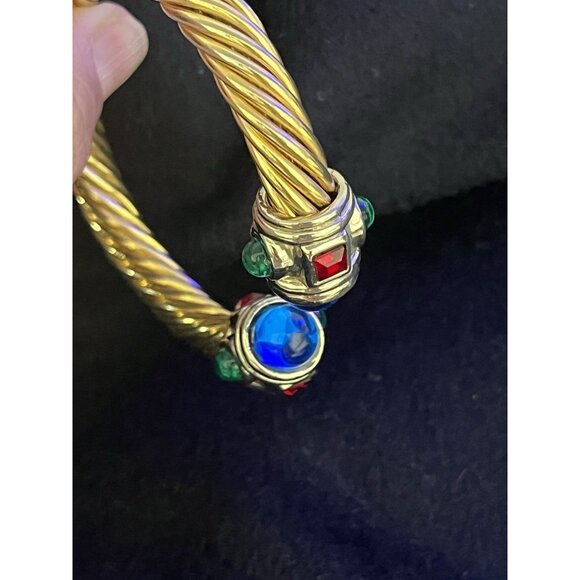 Vtg 90s Mogul Bracelet Gripoix Glass Cabochons Gold Tone Twisted Cable Adjustabl - Picture 8 of 16